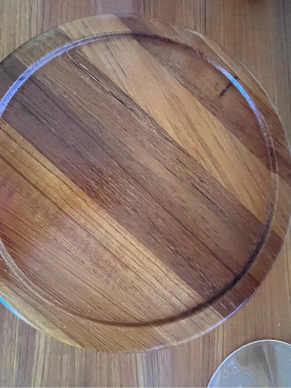 Solid Teak Lazy Susan with smoked glass dishes.
